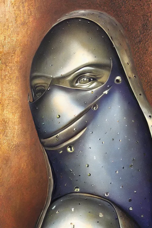 Prompt: hyperrealism oil painting, close - up portrait of face hiding in stingray medieval fashion model, knight, steel gradient mixed with nebula sky, in style of baroque mixed with 7 0 s book art