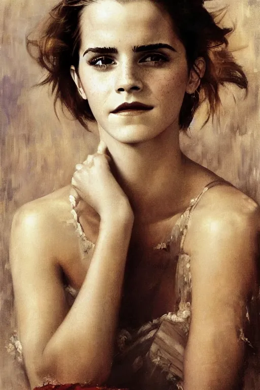 Image similar to emma watson smiling squinting detailed portrait painting by gaston bussiere craig mullins j. c. leyendecker photograph by richard avedon peter lindbergh