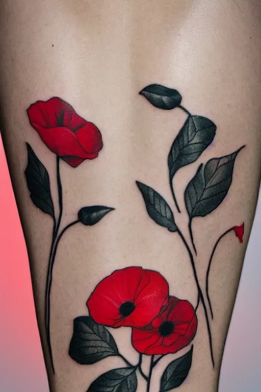 Prompt: fine line tattoo poppy, black and red
