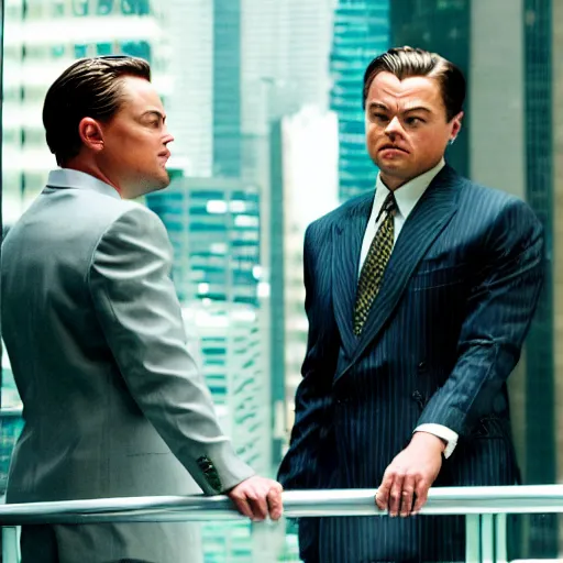 Image similar to leonardo dicaprio as the wolf of wall street next to margot robbie as naomi from the wolf of wall street, hyper realistic faces, cinematic, long shot, hyper detailed, 8 5 mm photograph, 8 k resolution, film still, sharp lens, wide lens
