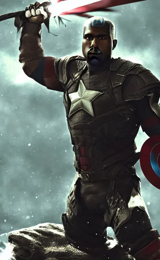 Image similar to Portrait of Kanye West as (((Captain America))) in Skyrim, splash art, movie still, cinematic lighting, dramatic, octane render, long lens, shallow depth of field, bokeh, anamorphic lens flare, 8k, hyper detailed, 35mm film grain