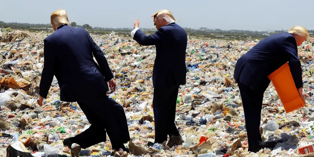 Image similar to trump, looking for bitcoin, landfill