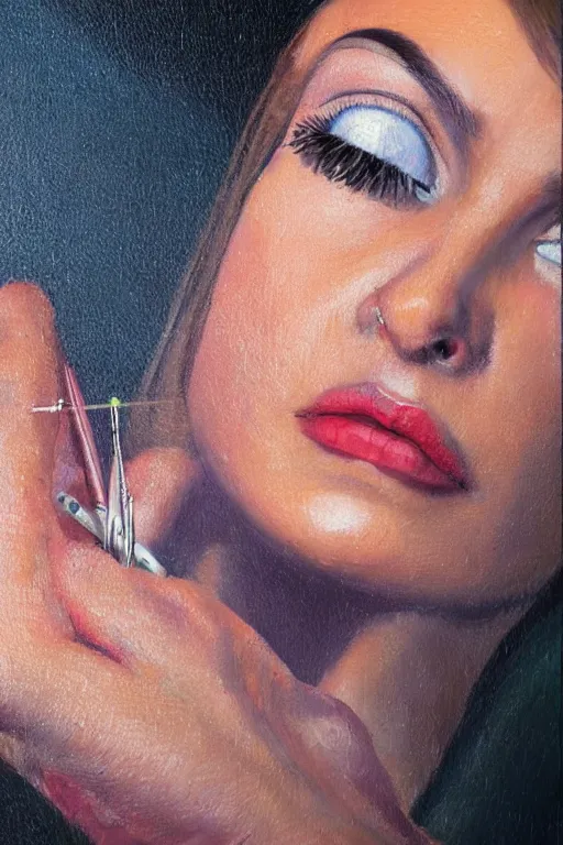 Image similar to oil painting, close-up hight detailed portrait of woman with needle close to eye, in style of 80s sci-fi art