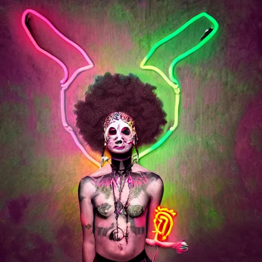 Image similar to dark voodoo priestress with neon tattoo sigils performing a sacred ritual, dark eerie backdrop, realistic digital art, inside a dark evil temple, polaroid pic by hyperrealism