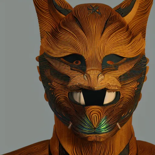 Image similar to a beautiful male holographic spirit wearing a kitsune mask made of wood of a sacred tree, detailed and intricate, cinematic, elegant, realistic, unreal engine 5, movie still