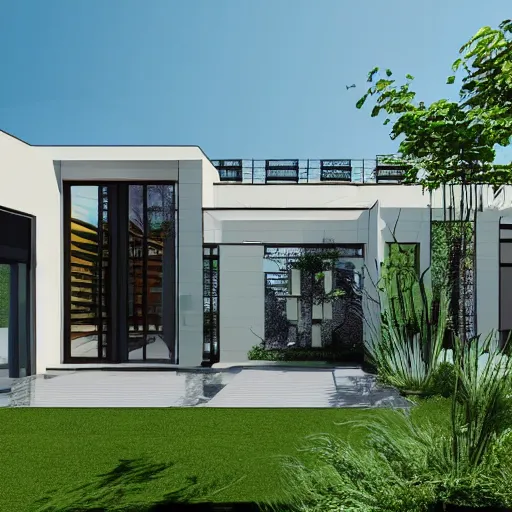 Image similar to an architectural drawing of a modern house with a courtyard, detailed, lush,