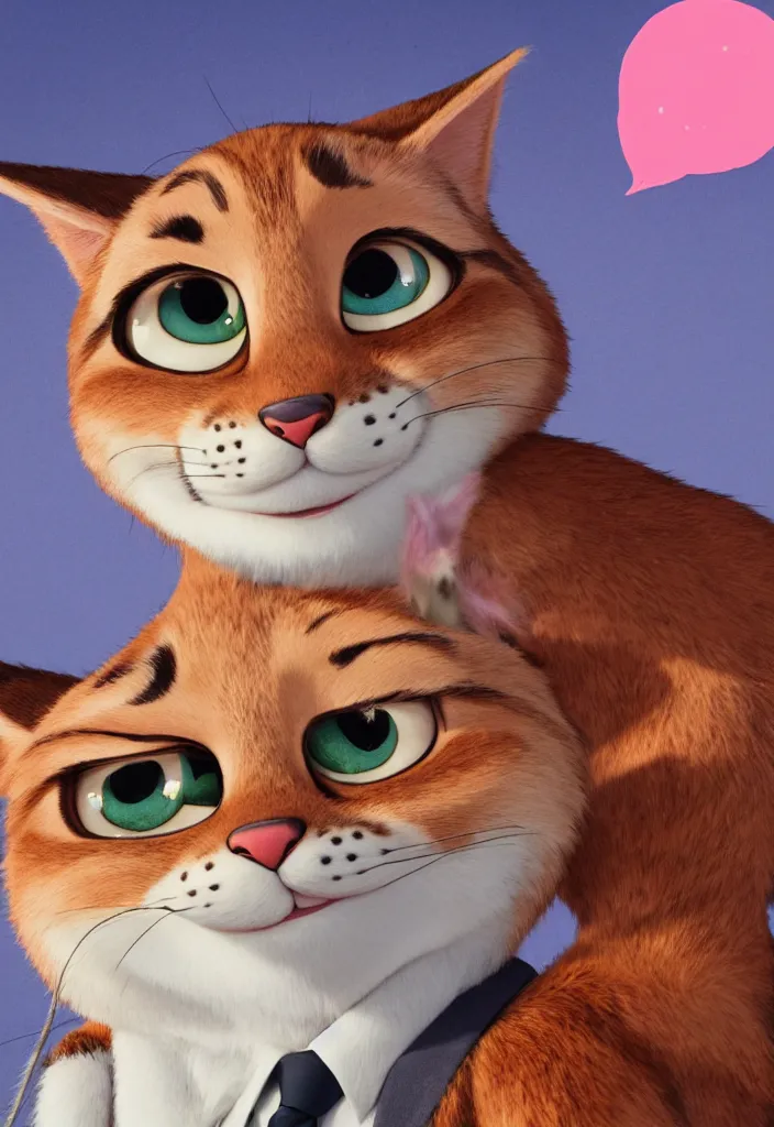 Image similar to portrait of tabby cat in the style of the movie zootopia wearing a pink tuxedo, 4k, digital art, award winning