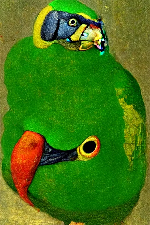 Image similar to a renaissance close up portrait of a green duck parrot as a ninja turtle, centered, triumphant, beautiful intricate painting