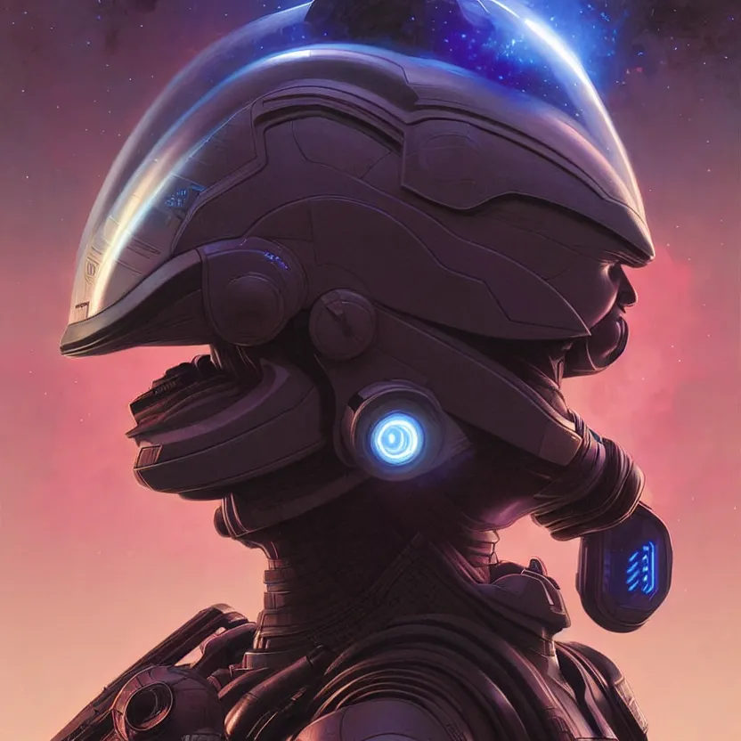 Image similar to portrait of a starship captain with a helmet as an apex legends character digital illustration portrait design by, wayne barlowe detailed, gorgeous lighting, wide angle action dynamic portrait