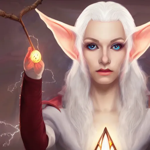 Prompt: Beautiful white haired aged fair skinned scholar elf with spell scroll and lightning background, realistic eyes, full body, symmetrical, realism, digital painting, detailed artwork, portrait, mythical, artstation, high quality
