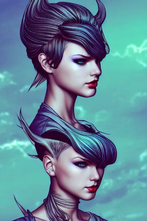 Image similar to sweet teenager with a mohawk who looks like taylor swift, fantasy graphic novel style, by artgerm and jenny frison, intricate, photorealistic, very fine inking lines, extremely detailed, 4k, hd