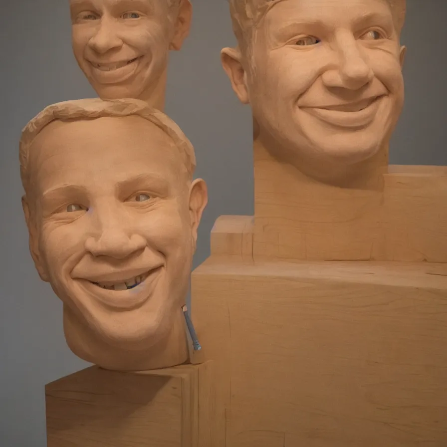 Prompt: hyperrealistic sculpture of a human face smiling carved out of pine plywood on a pedestal by duane hanson and donald judd, hyperrealistic dramatic colored lighting trending on artstation 8 k