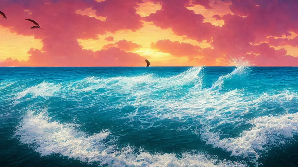 Image similar to first person view of breaking waves on the shore, summer, clear beautiful sky, bright sky, dolphins 🐬 swimming, peaceful, amazing, by andreas rocha and john howe, and Martin Johnson Heade, featured on artstation, featured on behance, golden ratio, ultrawide angle, f32, well composed