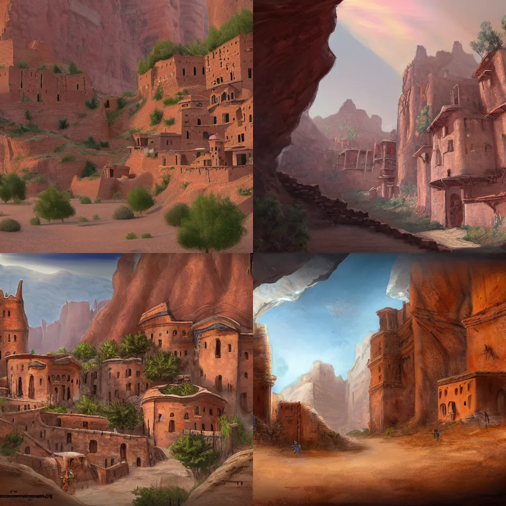 Prompt: concept art of a medieval town built into the side of an arid canyon. The buildings are made of red stones and are cluttered on the walls and floor of the canyon with smoke coming from chimneys. In the foreground the town's wall stretches from one wall of the canyon to the other, with a gate in the middle