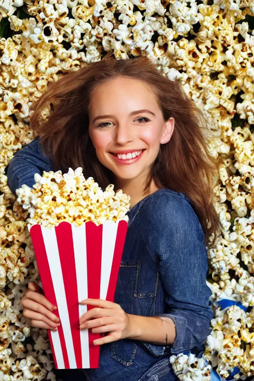 Image similar to portrait of a happy girl, lots of flowers and popcorn around, hyperrealistic, hightech