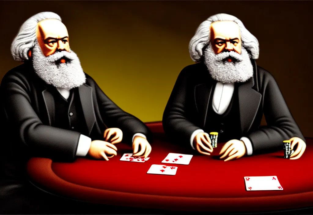 Prompt: Karl Marx playing poker in Las Vegas, ultra HD, studio light, photorealism