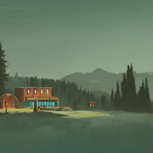 Image similar to a building in a stunning landscape by simon stalenhag, high contrast, detailed, digital paint