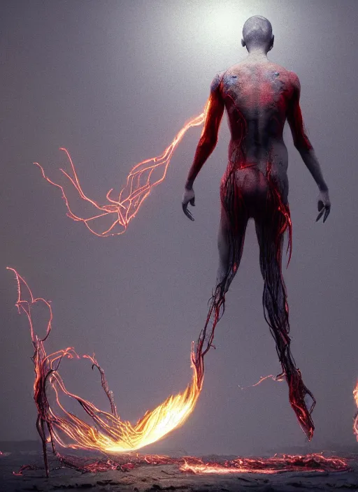 Image similar to rgb wires, fire, rage, cinematic, movie scene, inspired by zdzislaw beksinski, clothes made out of veins,, cables everywhere, bedroom, ultra realistic, concept art, intricate details, highly detailed, photorealistic, octane render, 8 k