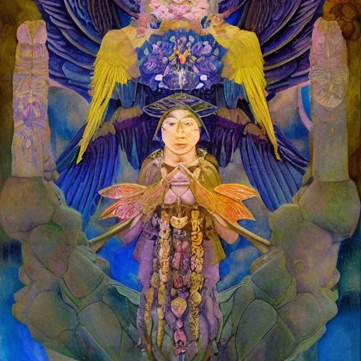 Image similar to the raven gods, by Annie Swynnerton and Nicholas Roerich and Diego Rivera, bioluminescent skin, tattoos, wings made out of flowers, elaborate costume, geometric ornament, symbolist, cool colors like blue and green and violet, smooth, sharp focus, extremely detailed