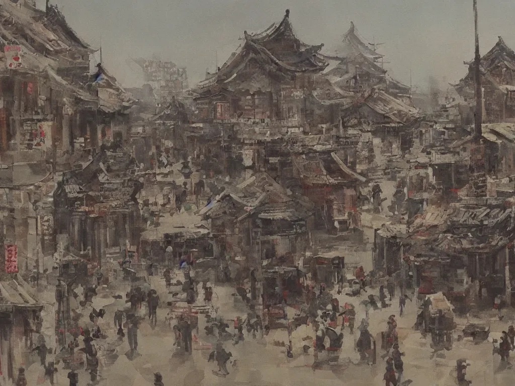 Prompt: painting of a town by huang gongwang