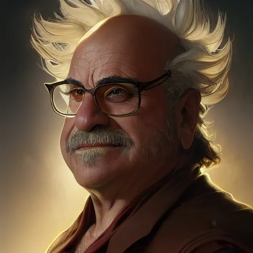 Image similar to SSJ3 Danny DeVito, western, D&D, fantasy, intricate, elegant, highly detailed, digital painting, artstation, concept art, matte, sharp focus, illustration, art by Artgerm and Greg Rutkowski and Alphonse Mucha