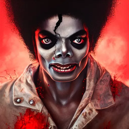 Prompt: black michael jackson from thriller as a angry zombie, gaping wounds, horror bloody, fine art, award winning, intricate, elegant, sharp focus, cinematic lighting, highly detailed, digital painting, 8 k concept art, art by guweiz and z. w. gu, masterpiece, trending on artstation, 8 k