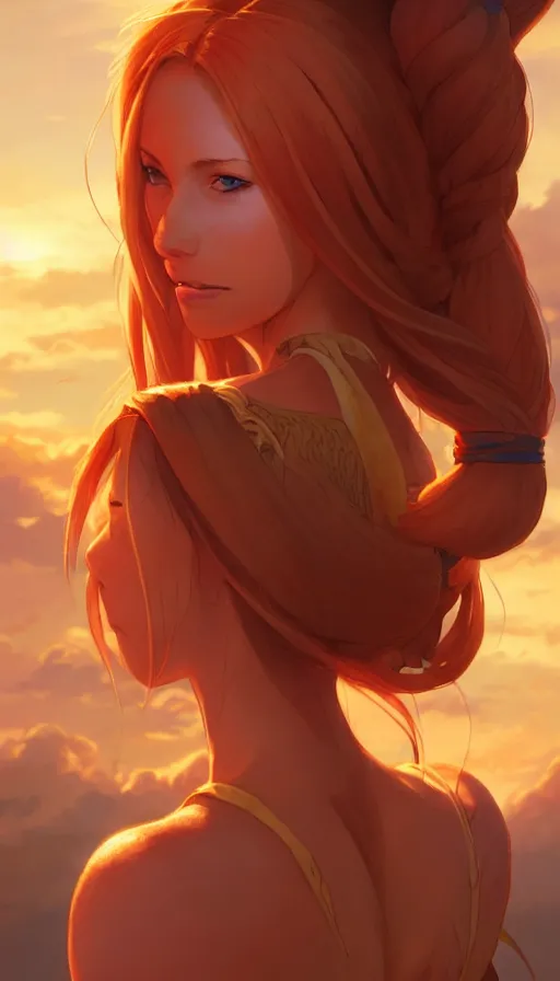 Image similar to long ginger hair, tanned woman in a prehistoric outfit, by artgerm, hair tied in a ponytail, soft lighting, night scene, by greg rutkowski makoto shinkai takashi takeuchi