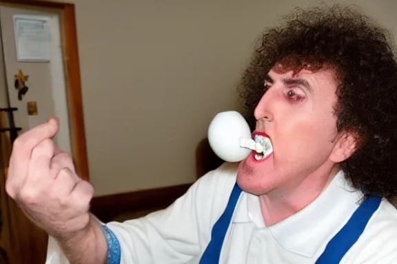 Prompt: weird al eating a light bulb in a nursing home