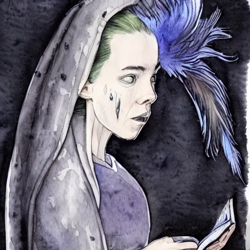 Prompt: full body detailed watercolor illustration of alien anya taylor - joy mixed with jennifer connelly, reading a book, unsettling, hooded long black feathered cloak, uncanny valley, with black feathers instead of hair, gothic, guillermo del toro, gray mottled skin, pale and sickly, profile view, - - ar 9 : 1 6