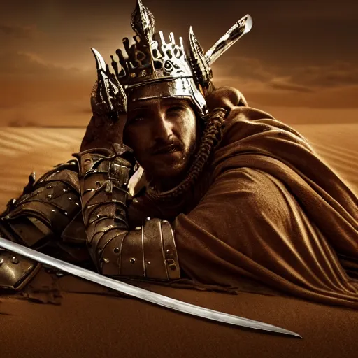 Image similar to the king in the desert dead on the ground, defeated, blood on sand, swords fallen to ground, fighting in a dark scene, detailed scene, killed in war, blood spill, Armour and fallen Crown, highly detailed, blood and dust in the air, action scene, cinematic lighting, dramatic lighting, trending on artstation, elegant, intricate, character design, motion and action and tragedy, fantasy, D&D, highly detailed, digital painting, concept art