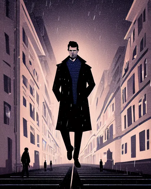 Prompt: portrait of james marsden, trench coat, stormy night, urban city scenery, moonlight, petros afshar, tom whalen, artstation, volumetric lighting