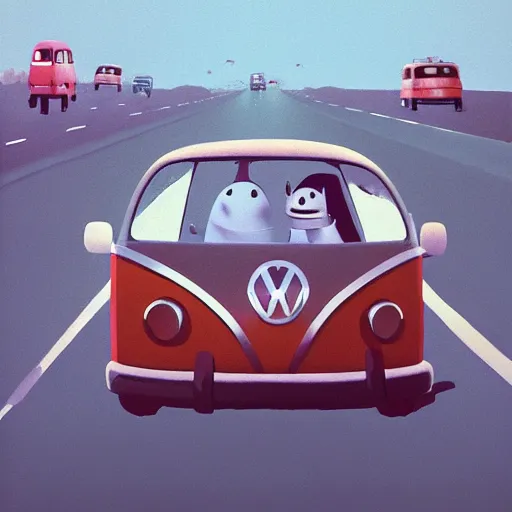 Prompt: goro fujita ilustration a volkswagen full of people on the highway, painting by goro fujita, sharp focus, highly detailed, artstation