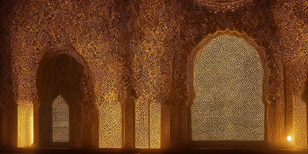 Prompt: an iwan with intricate muqarnas made of glowing obsidian and white marble, beautiful, volumetric lighting, cinematic lighting, golden hour