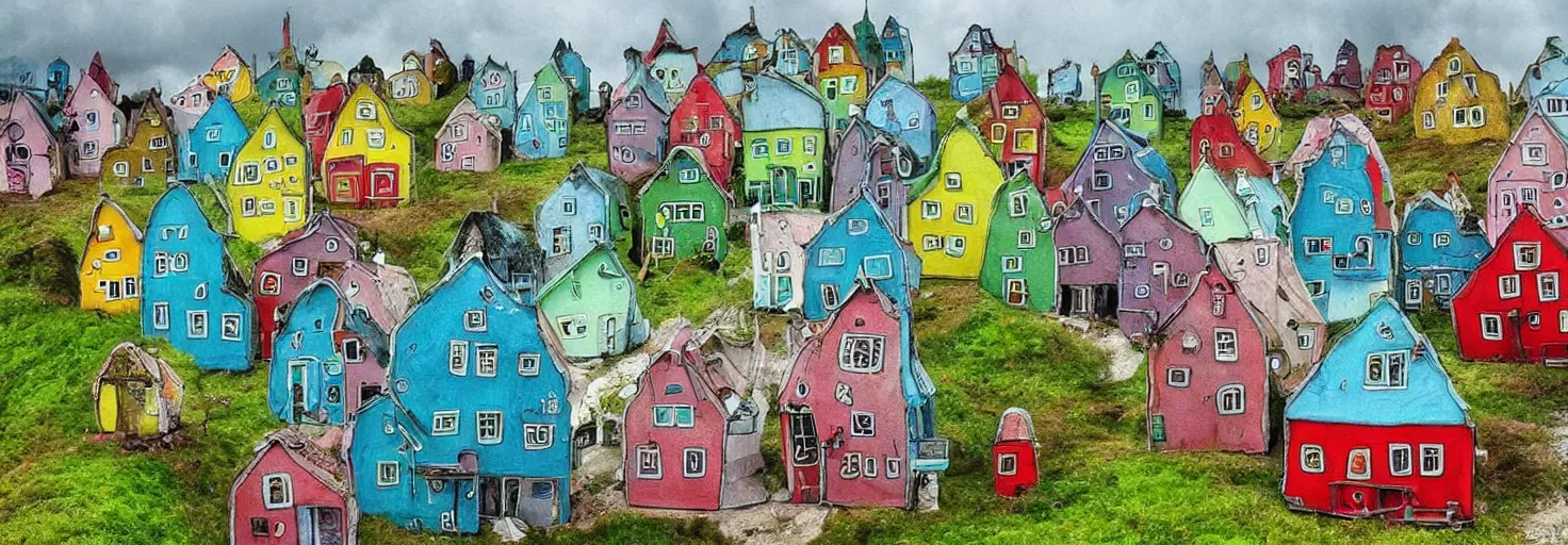 Prompt: quirky surreal naive houses painted by alexander jansson, bright colors