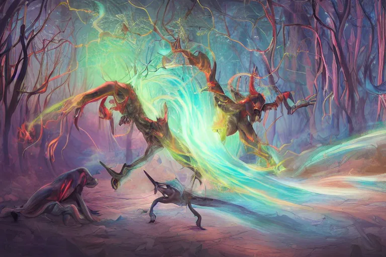 Prompt: colored life and death magic confrontation, swirling scene in forest, spiral lines, concept art, artstation art, award winning, 8k, hd