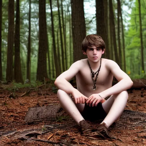 Prompt: a teenage boy, around 2 3 years old with necklace, natural brown hair, loincloth, pale skin, detailed face. sitting in ominous and eerie looking forest. natural colors. realistic photo.