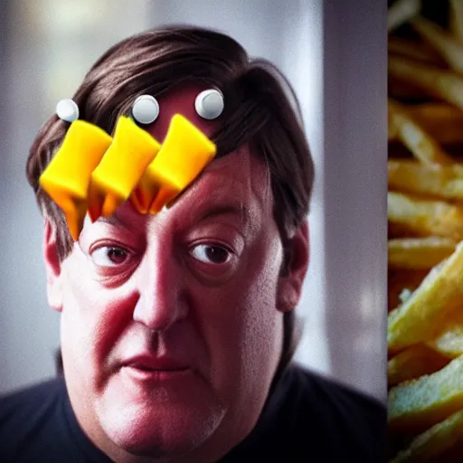 Image similar to photo of [ a single french fry chip ] shaped into stephen fry as a pixar character hybrid intercross mix cinematic lighting