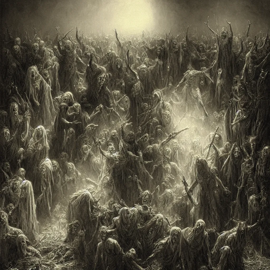 Image similar to dawn of the dead, creepy atmosphere, dark, portrait, realistic, very realistic, illustration by gustave dore