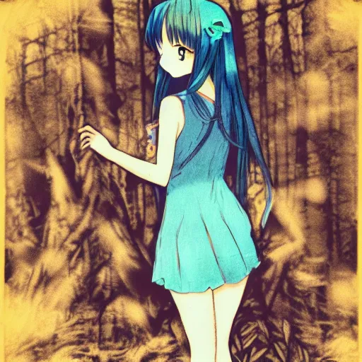 Prompt: anime girl lost in the forest in the style of cyanotype