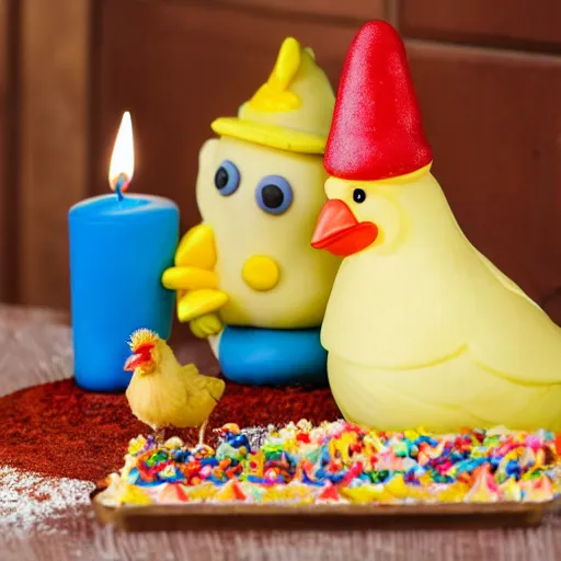 Prompt: a light yellowish down-covered baby chick and a rooster are near a birthday cake having 3 candles