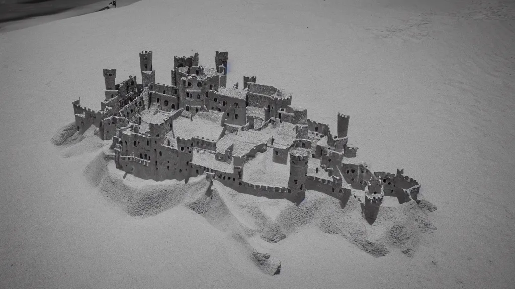 Prompt: open angle photo of a castle made of sand,