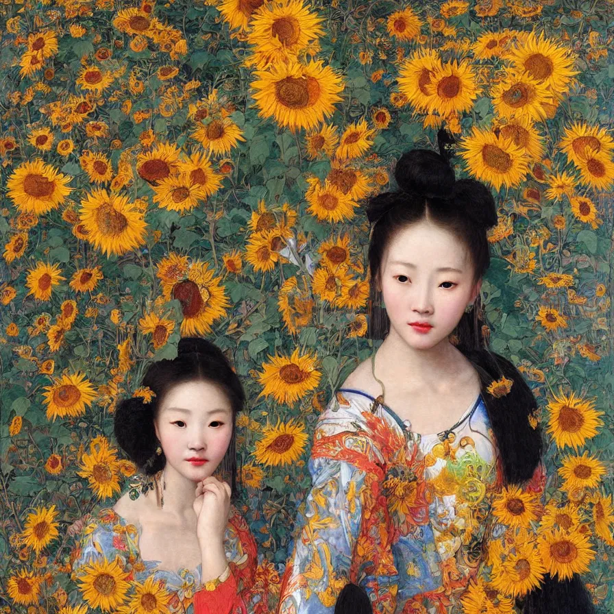 Prompt: a beautiful chinese young woman wearing colourful face paint surrounded by bright intricate patterns involving sunflowers and more, by edgar maxence and caravaggio and michael whelan, intricate painting, hyper realistic, extremely detailed and beautiful aesthetic face, 8 k resolution
