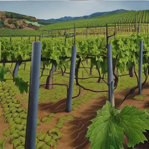 Image similar to Hyperrealism traditional austian vineyard work, painting by MC Escher