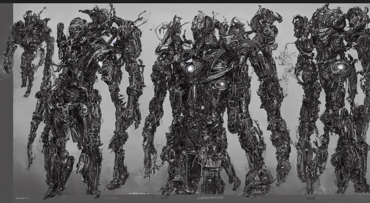 Image similar to full page scan of 1 7 0 0 concept art, occult robot armor, character design, symmetrical fullbody rendering, bliblical, inspired by elden ring, by hr giger, sadan vague, yoji shinkawa, craig mullins, emil melmoth, artstation, highly detailed, 4 k post - processing, 8 k resolution + dof