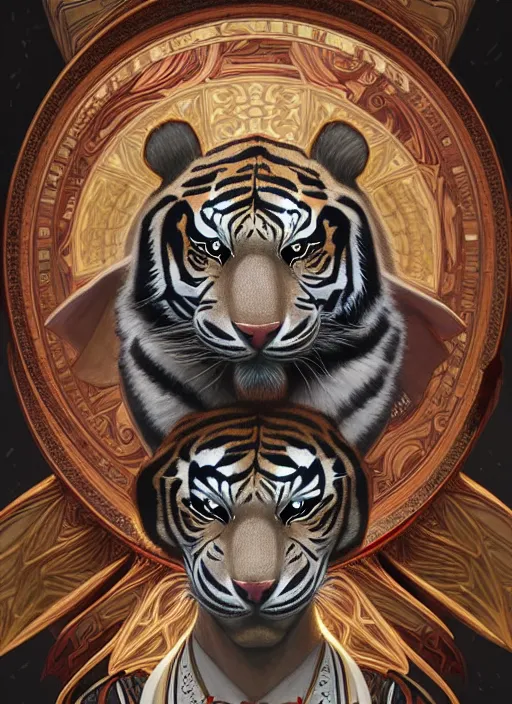 Prompt: symmetry!! portrait of a hybrid robot tiger, midsommar style, intricate, elegant, highly detailed, digital painting, artstation, concept art, smooth, sharp focus, illustration, art by artgerm and greg rutkowski and alphonse mucha, 8 k