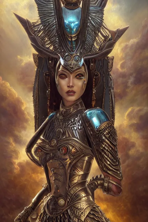 Prompt: Mystical Valkyrie, Portrait of a beautiful female Atlantean Anubis Alien Warrior, Regal, Realistic, Refined, Detailed Digital Art, Oil Painting, Michael Cheval, Esao Andrews, Art Frahm, Steampunk, Walt Disney (1937), Highly Detailed, Cinematic Lighting, Unreal Engine, 8k, HD