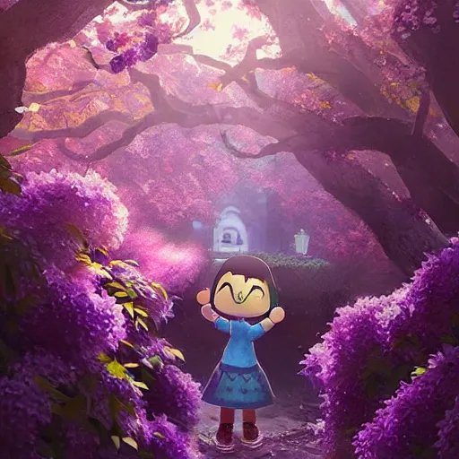 Image similar to animal crossing skye under Wisteria, floral explosion, radiant light, vortex of plum petals, oil painting, Tooth Wu, Greg Rutkowski, RPG portrait, dynamic lighting, fantasy art, High contrast, depth of field