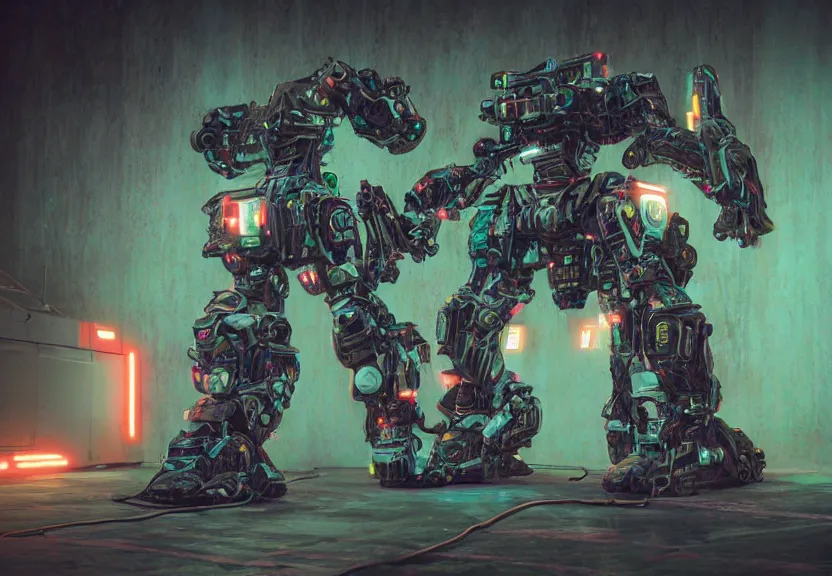 Image similar to a ultra realistic hyper realistic underexposed film photograph of an intricate neon mech warrior