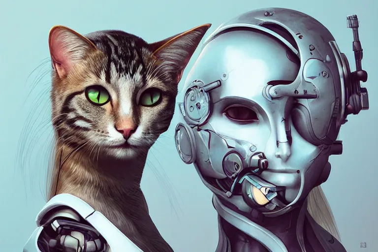 Image similar to “ a extremely detailed stunning portraits of solarpunk cyborg female cat by allen william on artstation ”