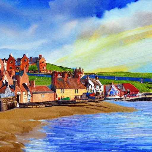 Image similar to happy landscape painting of whitby on a sunny day, god rays, photography, painterly